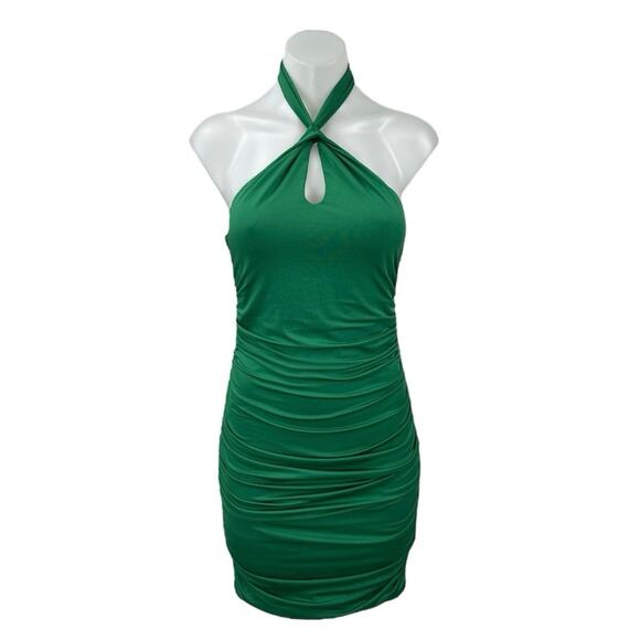 Princess Polly Green Ruched Sleeveless Keyhole Halter Tie Mini Bodycon Dress 8 - Picture 1 of 4